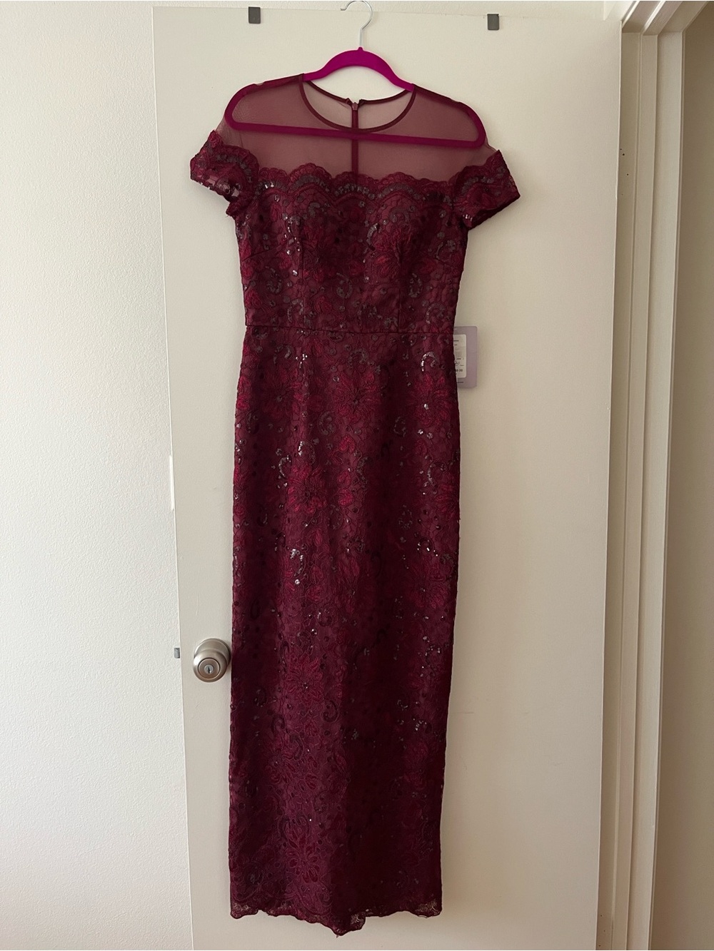JS Collections Burgundy Lace Maxi Dress with Sheer Yoke - Size 6 NWT